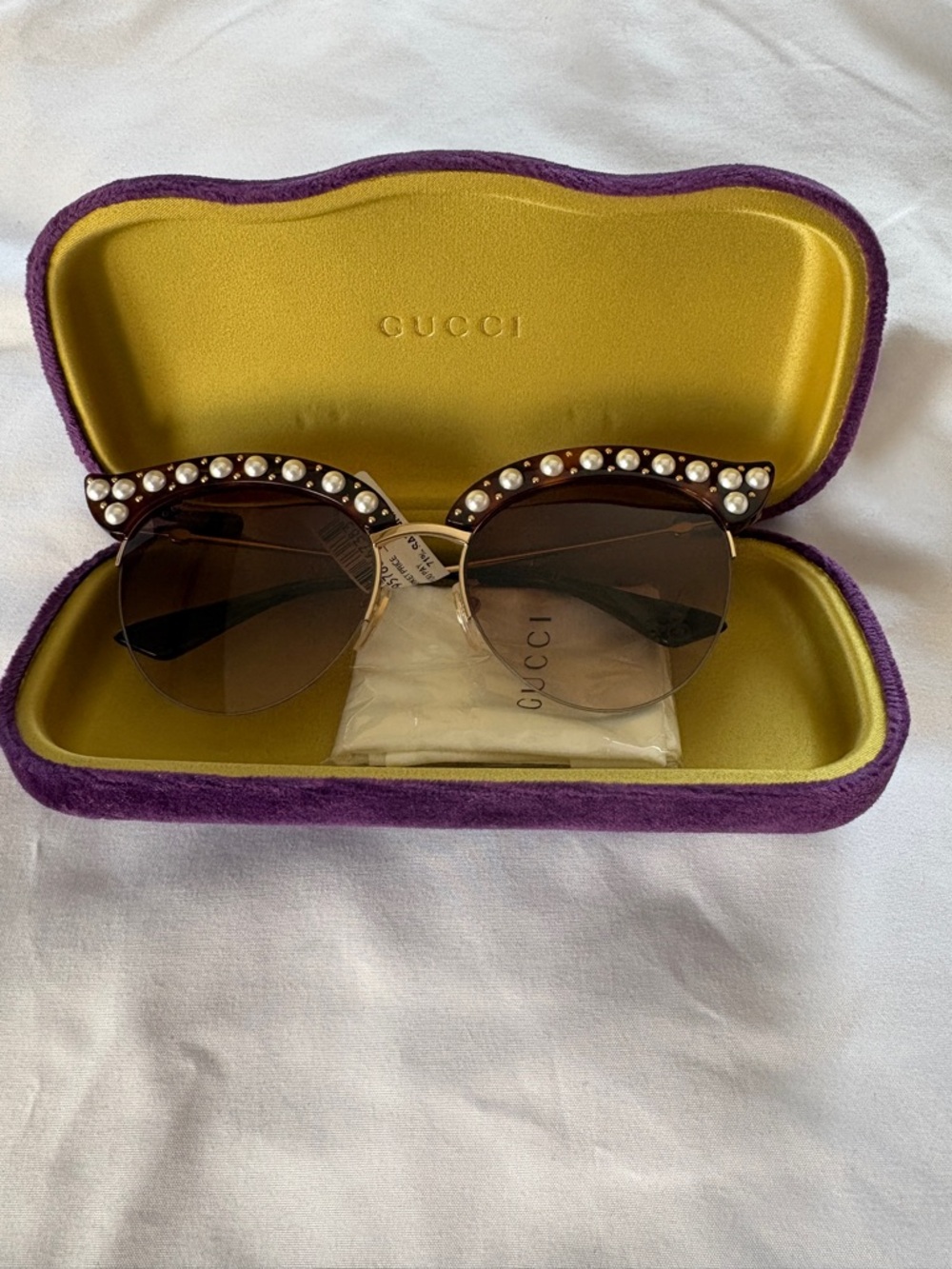 Gucci Pearl-Trim Cat Eye Sunglasses in Brown and Gold
